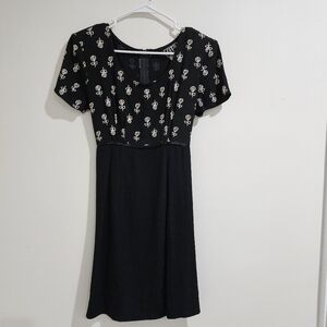 Vintage 90s Black Short-Sleeve Shoulder Pad Baby Doll Dress Floral Print Size 9